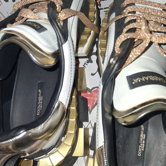 Dolce & Gabbana Black and White Sneakers with Gold Accents